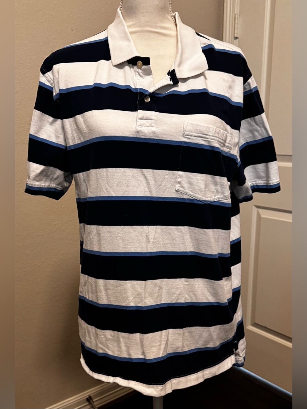 St. John's Bay Men’s Blue And White Striped Polo Size L